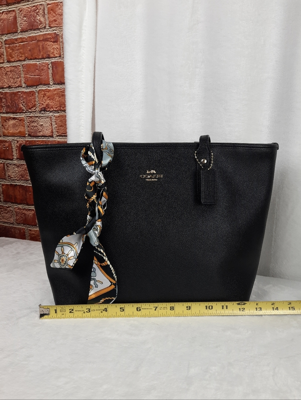 Coach Black Saffiano Leather Tote with Patterned Scarf Accent - Picture 9 of 11